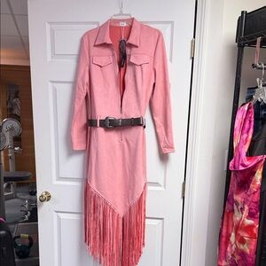 Pink Fringe Midi Dress with Belt